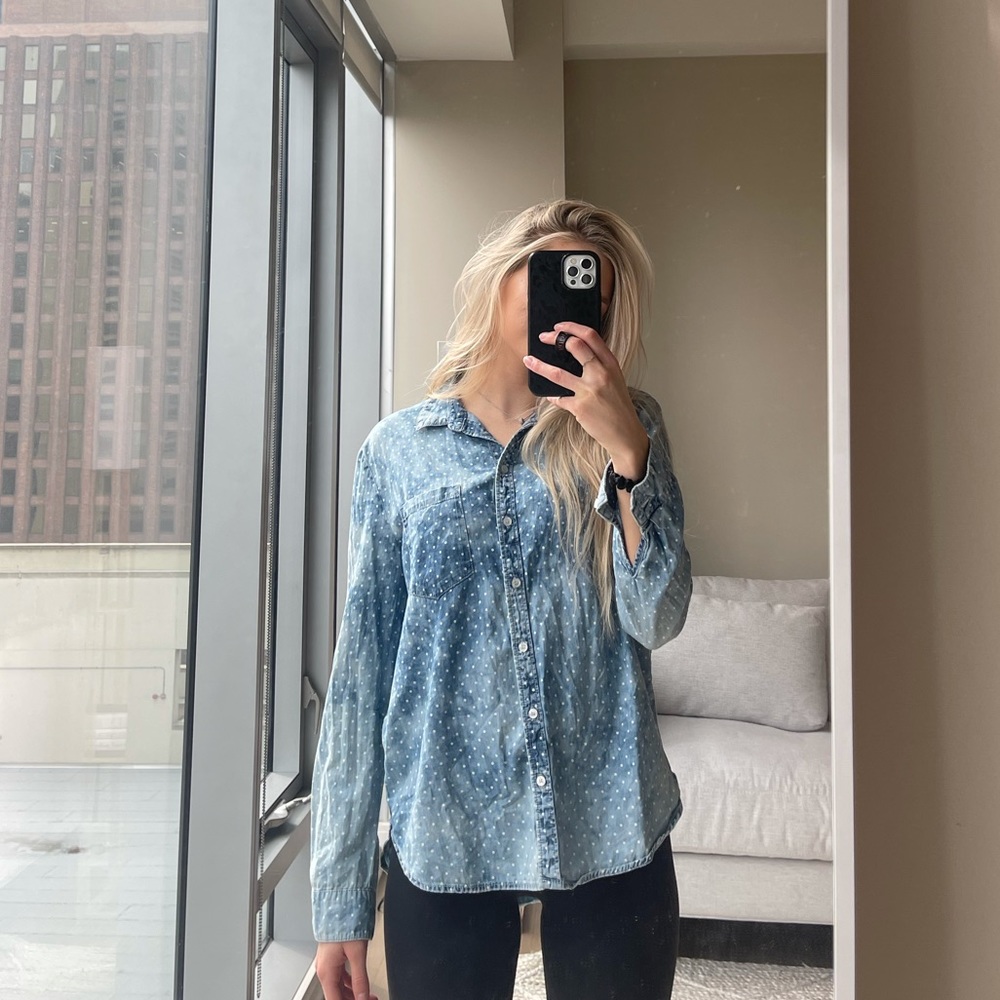 H & M chambray polka dot button down